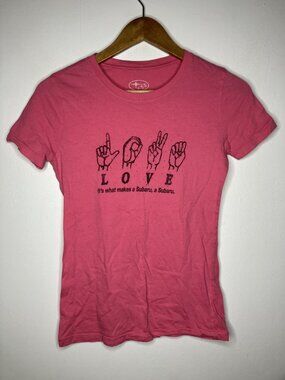 Subaru LOVE Sign Language T-Shirt Women's Small Pink 100% Cotton Car Graphic Tee